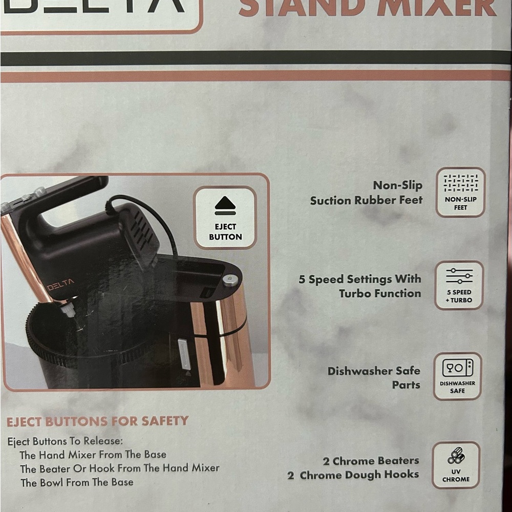 Delta 2-in-1 Five speed stand mixer matte and rose gold line